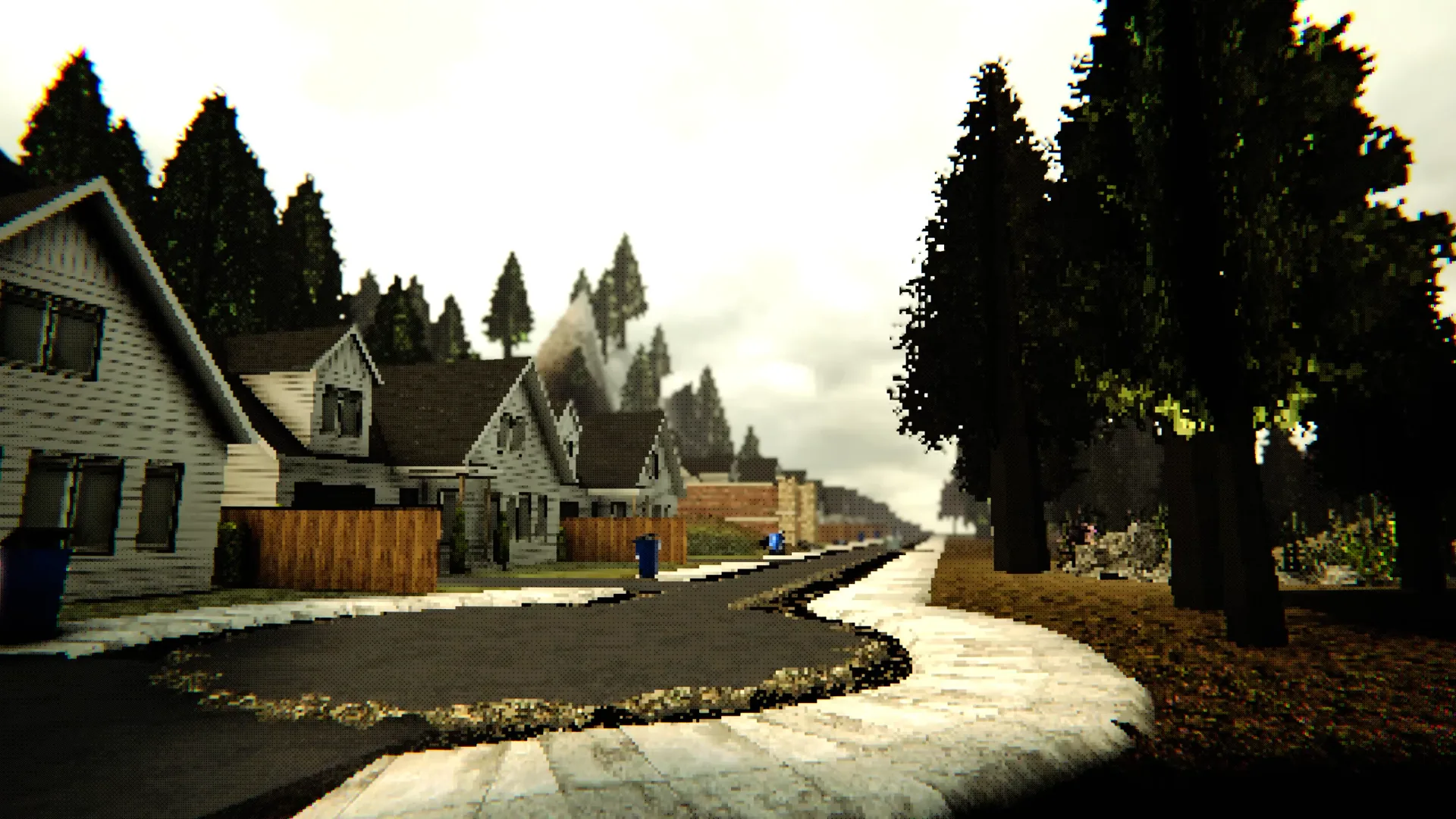 A scene from The Last Pane: a quiet suburban street under an overcast sky